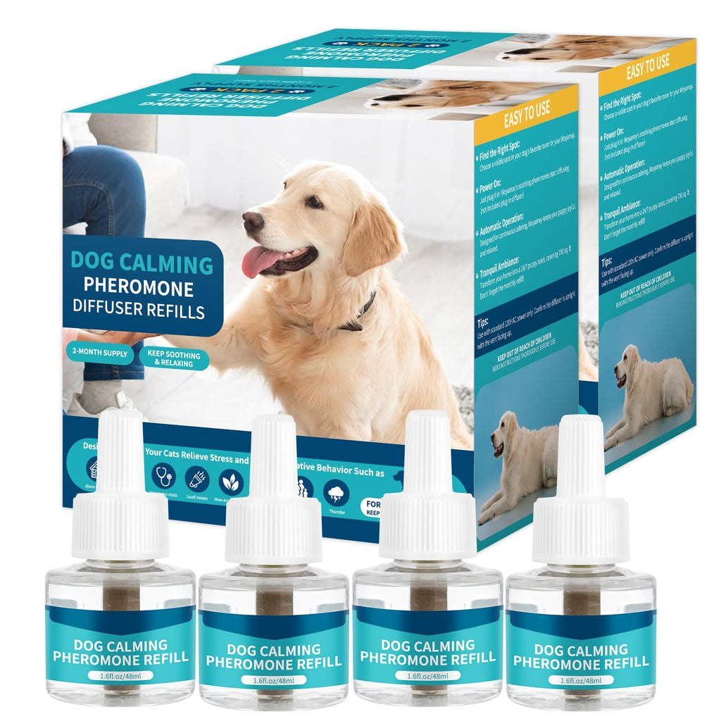 Dog Calming Diffuser Refills 4-pack, Dog Calming Pheromones Diffuser for Dog Pheromones Calming Refill, 120-Day Anxiety Relief Stress Appeasing Pheromone Diffuser Calm Dog, Fits All Common Diffuser 1.6 Fl Oz (Pack of 4)