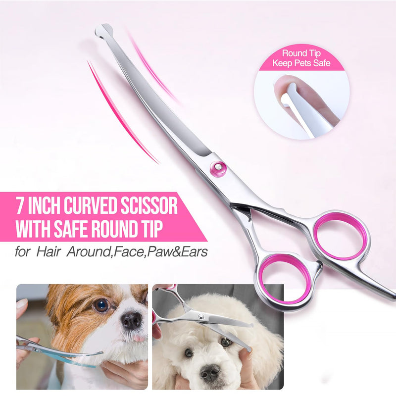 Gimars Dog Grooming Scissors Kit Professional 4CR with Safety Round Tip, 5 in 1 Heavy Duty Titanium Coated Thinning & Curved & Straight Shears Pink [5-in-1]
