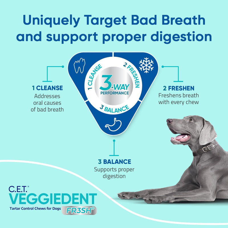 Virbac C.E.T.® VEGGIEDENT® FR3SH® Tartar Control Chews for Dogs with digestive health support, VOHC Approved, Medium 22-66lbs 1.55 Pound (Pack of 1) - PawsPlanet Australia