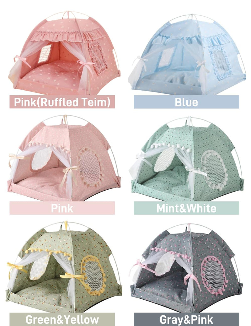 Cat Bed Tents Dog House Indoor Outdoor Lace Mesh Breathable Windows Door Curtains Removable Portable Nest Teepe House (Small,Pink(Ruffled Teim)) Small Pink(Ruffled Teim) - PawsPlanet Australia