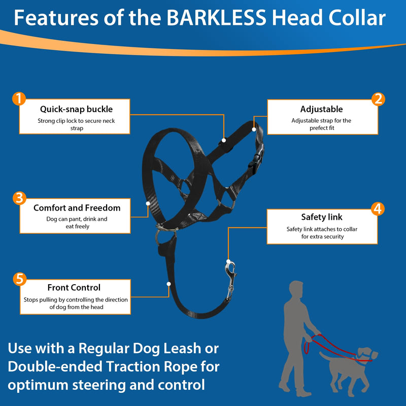 BARKLESS Soft Dog Head Collar, No Pull Training Tool for Small Medium Large Dogs on Walks, Gentle Training Collar and Control for Heavy Pullers, includes A Training Guide L Black