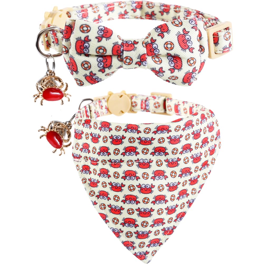 Cat Collar Breakaway with Cute Bow Tie Bandana and Bell Crab Accessories for Kitty Adjustable Safety