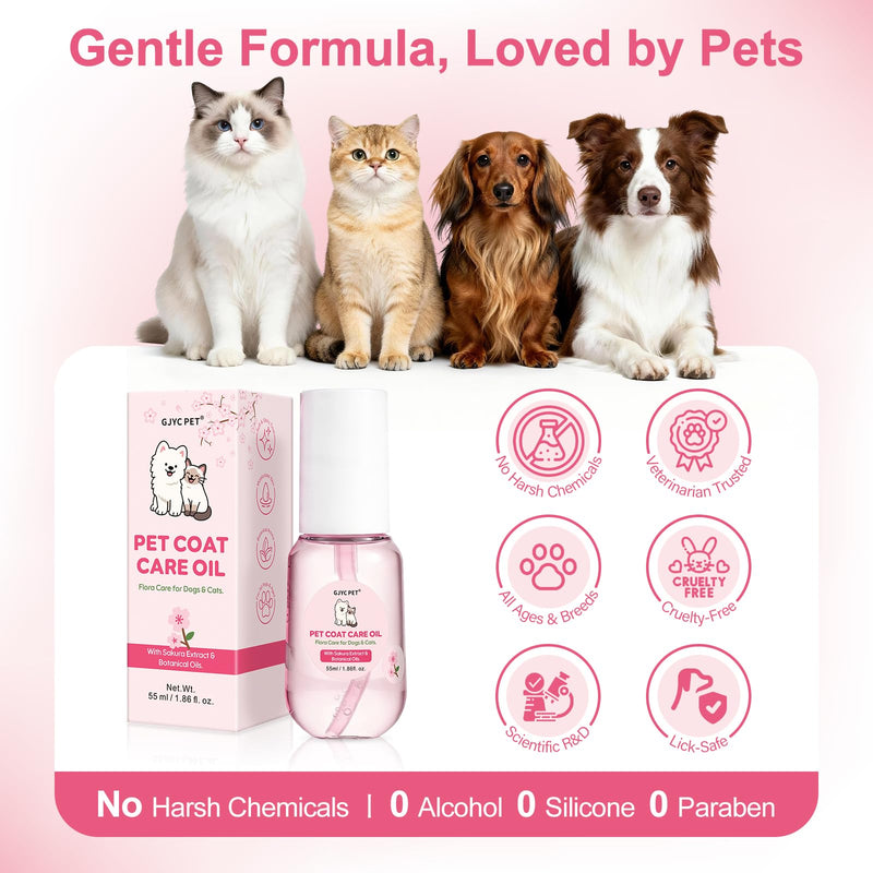 Pet Coat Care Oil, Cherry Blossom & Squalane Extract | Luster Enhancing Elixir, Radiant Shine & Protective Coating; Professional Silk Gloss Finish for Dull Coats, Non-Greasy, Dogs Cats, 1.69 fl. oz Sweet Sakura