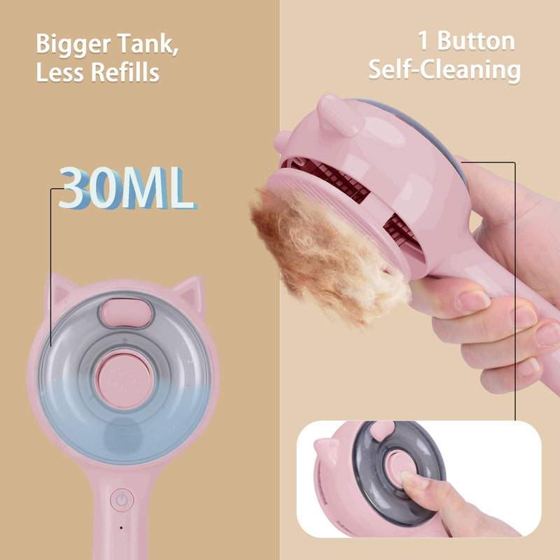 Pet Steam Brush for Cats & Dogs ，3-in-1 Pet Grooming Comb，Reduces Shedding, Soft Bristles, Promotes Healthy Coat-Comes - Includes Waterless Shampoo，Pink Pink - PawsPlanet Australia