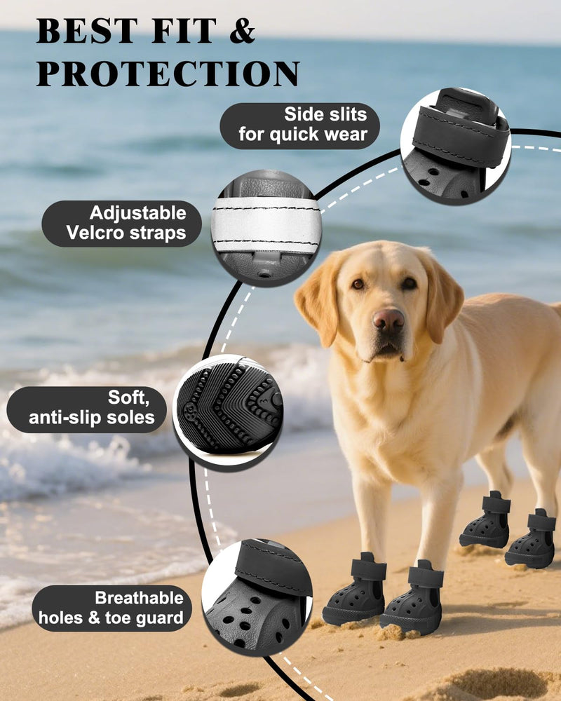 Dog Boots for Hot Pavement & Snow, Waterproof Non-Slip Dog Shoes with Reflective Straps, Adjustable Pet Booties for Small to Large Dogs, Outdoor Paw Protection, 4Pcs Black Size 6: (2.17" × 2.76") (W × L) - PawsPlanet Australia