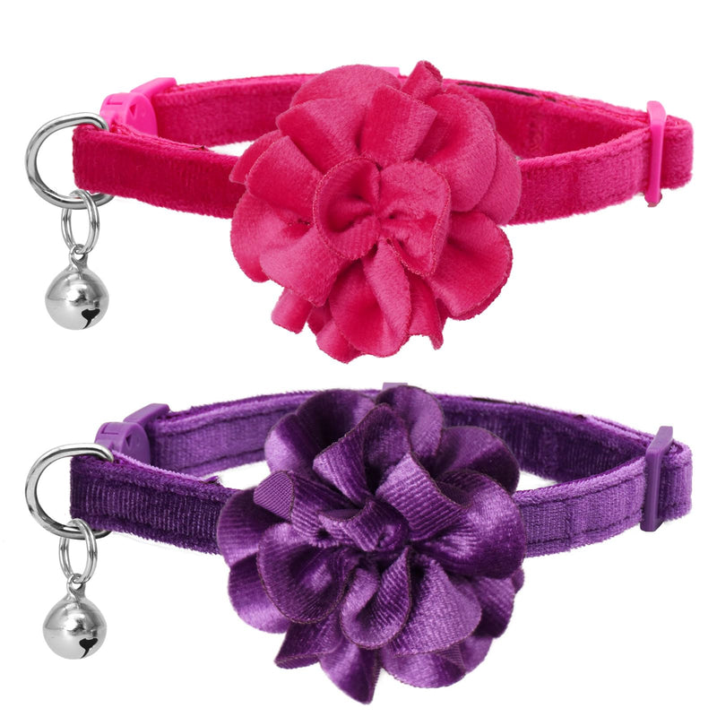 azuza 2 Pack Cat Collar Floral with Bell and Removable Flower Bowtie Breakaway Adjustable Velvet Fabric Cat Collar for Pets Holiday Party and Daily Decoration，Hot Pink & Purple Neck: 8"-12" B#Hot Pink & Purple