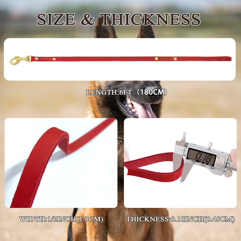 Leather Dog Leash 6 ft x 1/2 inch Heavy Duty Genuine Leather Dog Training Leash Soft and Strong Leather Leash for Small and Medium Dogs Red 6ft x 1/2'' - PawsPlanet Australia