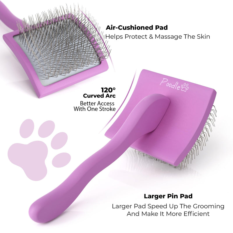 POODLIE Slicker Brush for Dogs - Detangling Dog Brushes for Grooming with Soft Bristles & Long Pins - Professional Cat Deshedding Tool to Removes Tangles & Dirt (Large) Square Large Slicker Brush Purple - PawsPlanet Australia