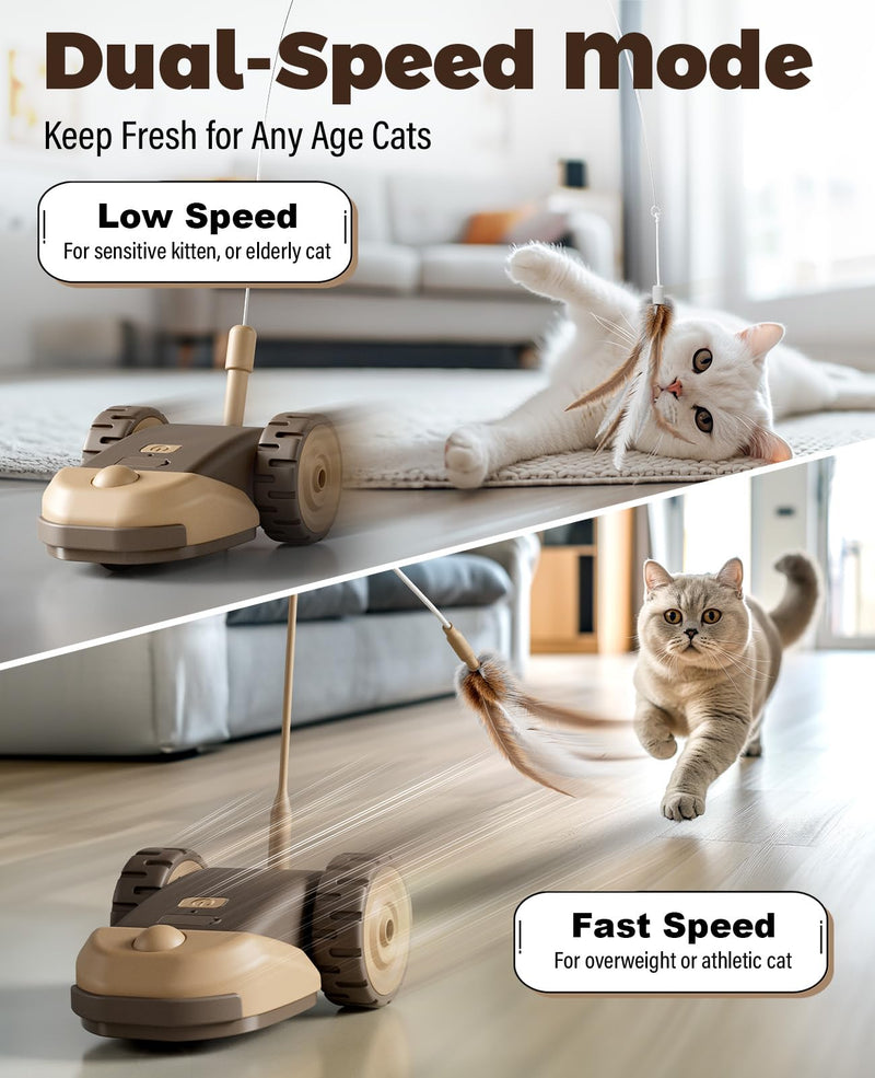 3-in-1 Interactive Cat Toy - 2-Speed Automatic Moving Mouse Cat Toys Self Play with 2pcs Hanging Feather String Ribbon and Wiggly Silicone Mice Tail for Bored Indoor Adult Cats Kittens Brown - PawsPlanet Australia
