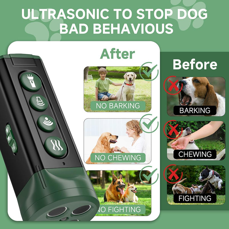 BOKKY 6-in-1 Anti Barking Device for Dogs with 3X Sonic Emitters Convertible Waterproof Dog Bark Deterrent of 4 Ultrasonic Heads Up to 32FT Long - Safe for Dogs Training - Indoor & Outdoor Deep Green