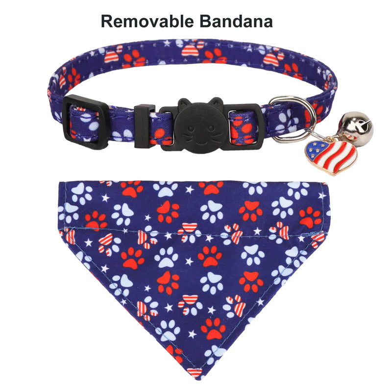 American Flag Cat Collar Breakaway with Cute Bow Tie Bell, 4th of July Cat Bandana Collar, Patriotic Cat Bowtie Collars for Cats Kittens (Blue) Blue