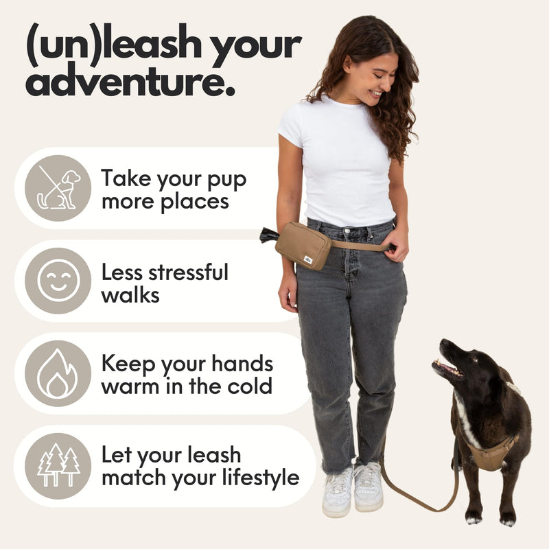 elby - Hands Free Dog Leash with Treat Pouch - Dog Walking Accessories - Dog Training Leash with Fanny Pack - Dog Accessories and Walking Essentials - Medium and Large Dogs (Dark Beige, Regular) Dark Beige - PawsPlanet Australia