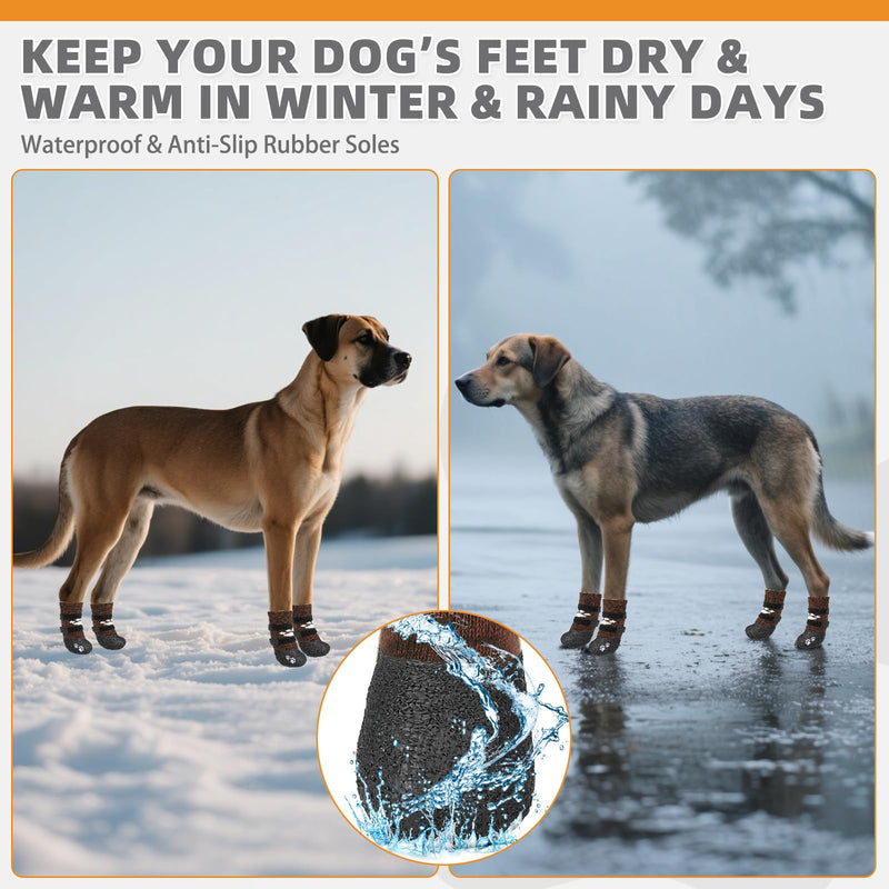 KOOLTAIL Anti Slip Dog Socks to Prevent Licking Paws for Hot/Clod Pavement, Waterproof Long Snow Dog Boots&Paw Protectors with Straps Traction Control for Hardwood Floor for Small Medium Large Dogs Brown with Paw Pattern - PawsPlanet Australia