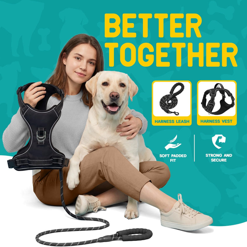 No Pull Dog Harness and Leash Set for Large Dogs – Adjustable Reflective Breathable Soft Padded Easy Control Dog Harness for Training & Walking, Black (Large) Large (Neck: 14.2"-22.4", Chest: 18.9"-33.1") - PawsPlanet Australia