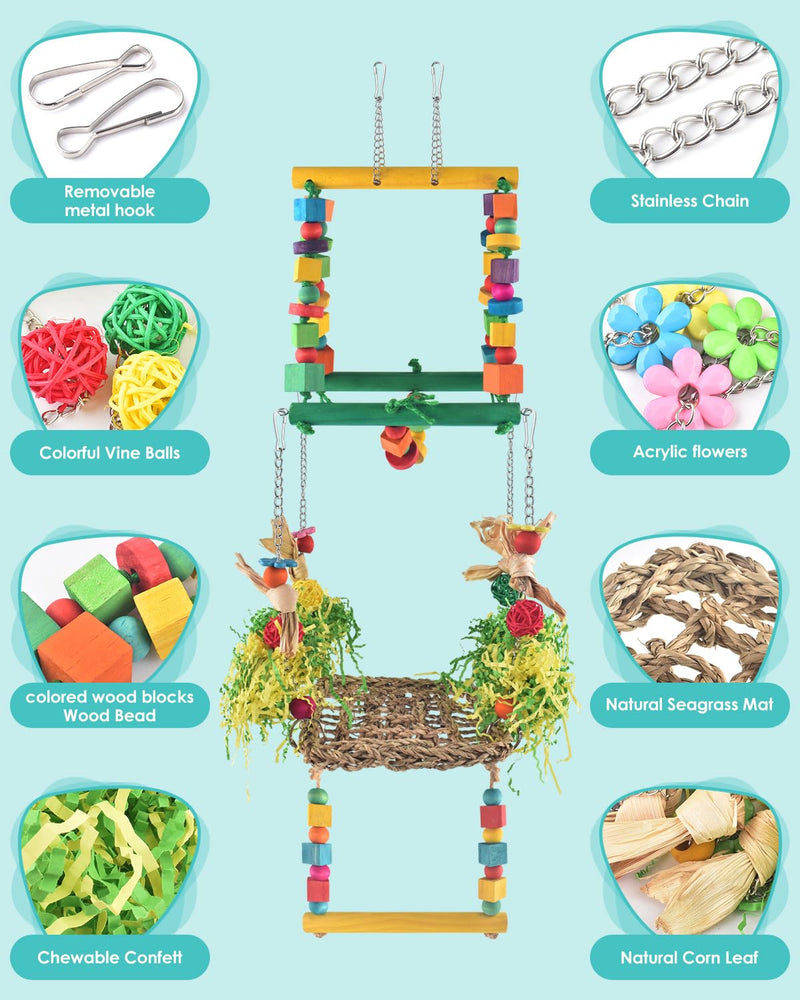 Bird Hammock Toys Parakeet Perches Swing, 3in1 Detachable Parrot Cage Accessories, Wooden Hanging Chew Toys for Small to Large Conure Cockatiel Quaker African Grey - PawsPlanet Australia