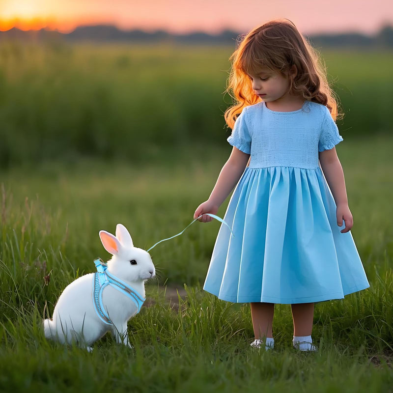 2 Pack Rabbit Harness and Leash Set, Double Buckle Bunnies Harness with Reflective Strips Soft Breathable Mesh Vest Harness for Rabbits Walks Accessories(Blue and Black) XXXS Blue and Black - PawsPlanet Australia