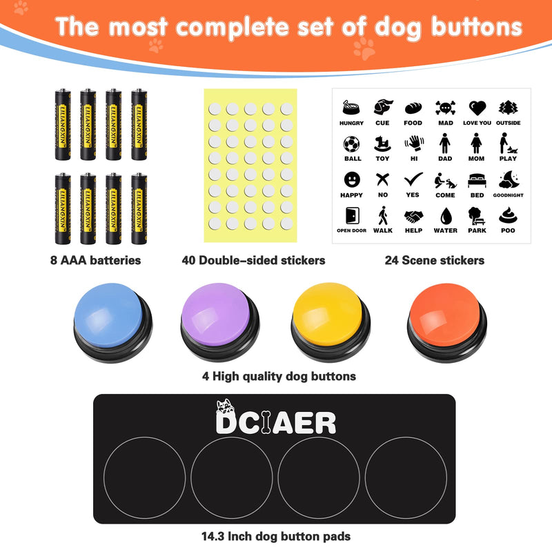 Dog Buttons for Communication,Talking Buttons for Dogs,4 Recordable Sound Buttons + 24 Scene Patterns + 1 Dog Button Mat+ 8 AAA Batteries 4 Pack - PawsPlanet Australia