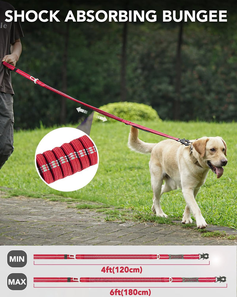 Joytale Tactical Dog Collar(17"-21") and Dog Leash Set, Shock Absorbing Bungee Dog Leash and Adjustable Strong Dog Collar with Handle for Large Dogs(Red, L)