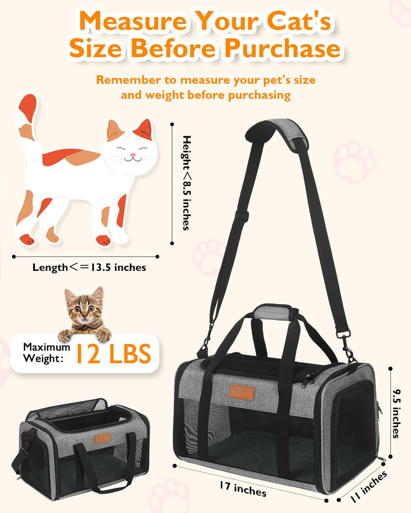 PETUX Airline Approved Pet Carrier - 17x11x9.5 in, Underseat, Top & Side Entry, Soft Sided Cat Dog Carrier for Small Cat & Dog Up to 12 lbs with Breathable Anti-Scratch Mesh for Travel & Vet - Grey 17.0"L x 11.0"W x 9.5"H - PawsPlanet Australia