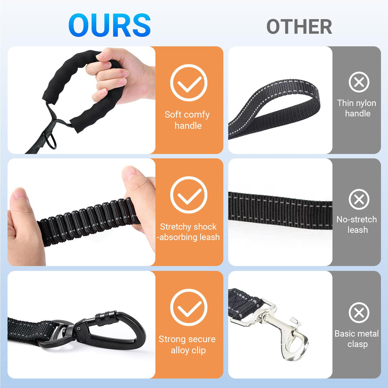Tactical Heavy Duty Bungee Dog Leash for Medium & Large Dogs - Ultimate Control & Freedom with 4.3-5.2 FT Adjustable (Stretches to 6 FT), Dual Handle, Shock Absorbing, Reflective, Seatbelt Clip, Black - PawsPlanet Australia