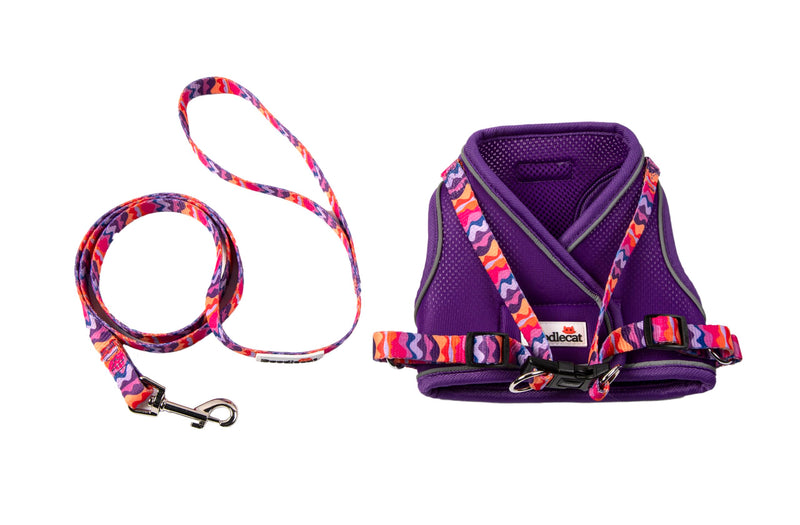 Doodlecat - Cat Harness and Lead Set - Adjustable Step In Mesh Cat Harness with Reflective Piping, Breathable Fabric and Secure Fit for Outdoor Walking - Medium 32-38cm - Violet & Dunes Violet/Dunes M - PawsPlanet Australia