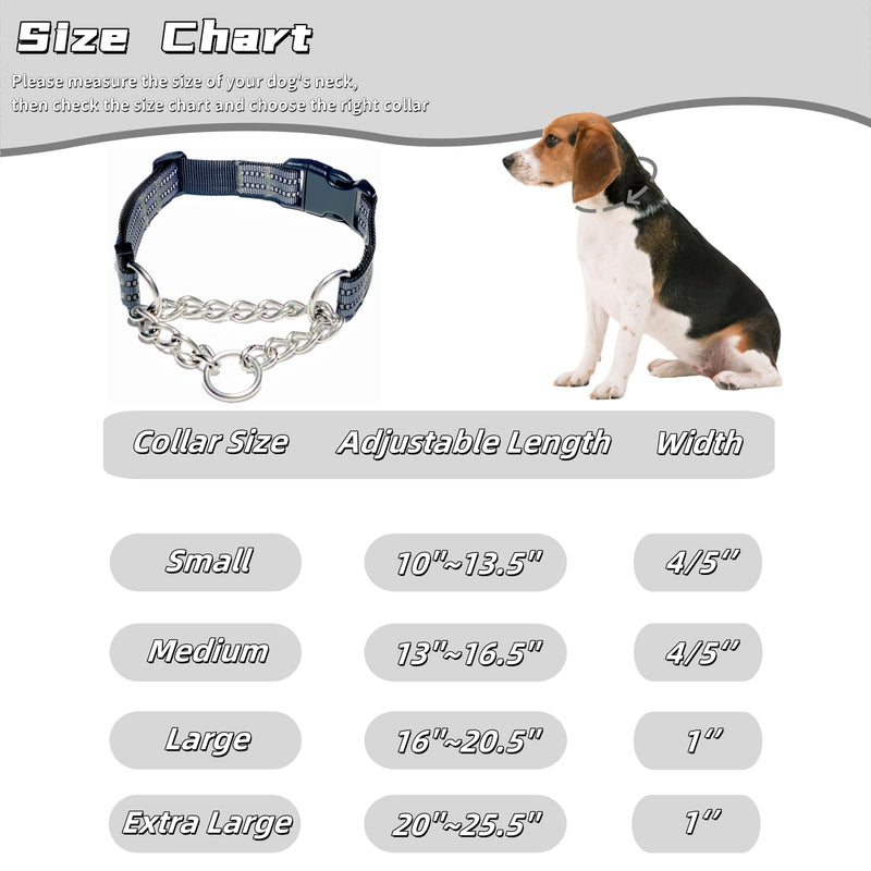 Martingale Dog Collars, Reflective Nylon Collar with Stainless Steel Chain, Adjustable Walking Training Dog Collars with Quick Release Buckle, Suitable for Small Medium Large Dogs(Gray,XL) Extra Large-(dog's neck 20~25.5inches) Gray - PawsPlanet Australia