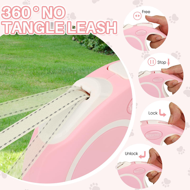 Upgraded Retractable Dog Leash with Chew Proof Cable and Poop Bag Dispenser, 16Ft Heavy Duty Dog Leash for Small Medium Large Dogs up to 120lbs, 360° No Tangle Pink - PawsPlanet Australia