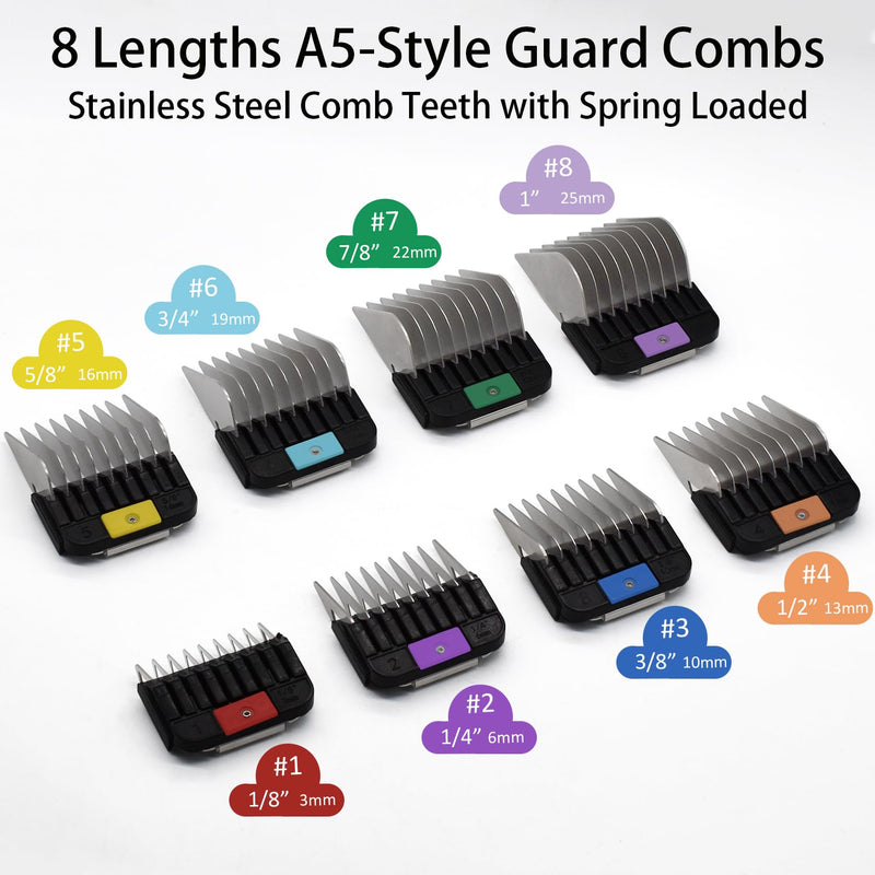 8 Pieces Professional Animal Stainless Steel Attachment Guide Guard Combs for A5 Style Detachable Blade Pet Groomers, Compatible with Wahl KM Series Andis AG BG Oster Classic 76 A5 A6 Animal Clippers - PawsPlanet Australia