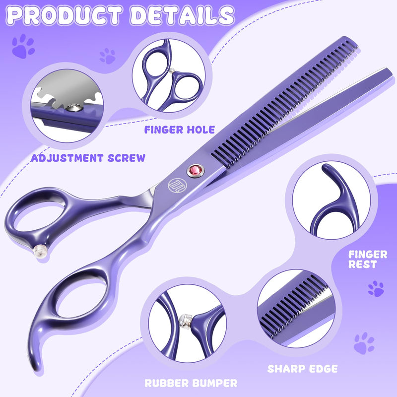 Moontay Dog Grooming Scissors Set Professional, 7 Inch Pet Grooming Scissors, 8 in 1 Straight, Curved, Thinning, Fishbone Scissors with Comb, Tension Adjuster, Cleaning Cloth and Storage Case, Purple