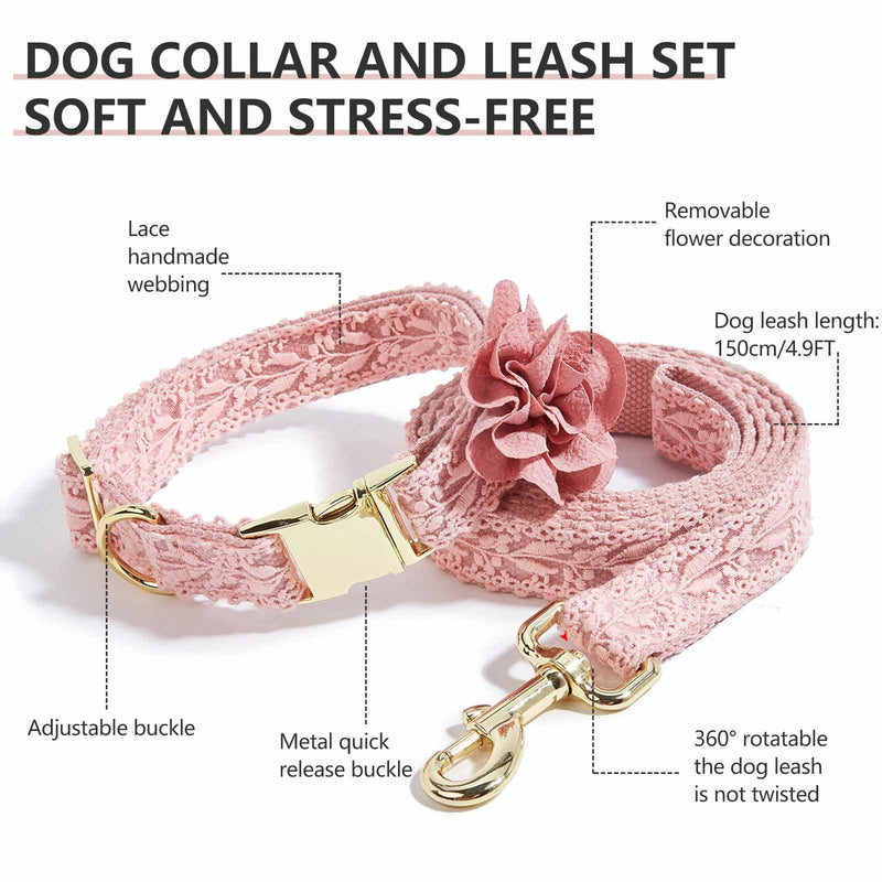 Pink Dog Collar Cotton Lace Handmade Embroidered Adjustable Dog Collar and Leash Set for Large Dogs with Rose Gold Metal Buckle & Fashion Flowers for Girl Dog Wedding Collar (Pink,S) Pink Small - PawsPlanet Australia