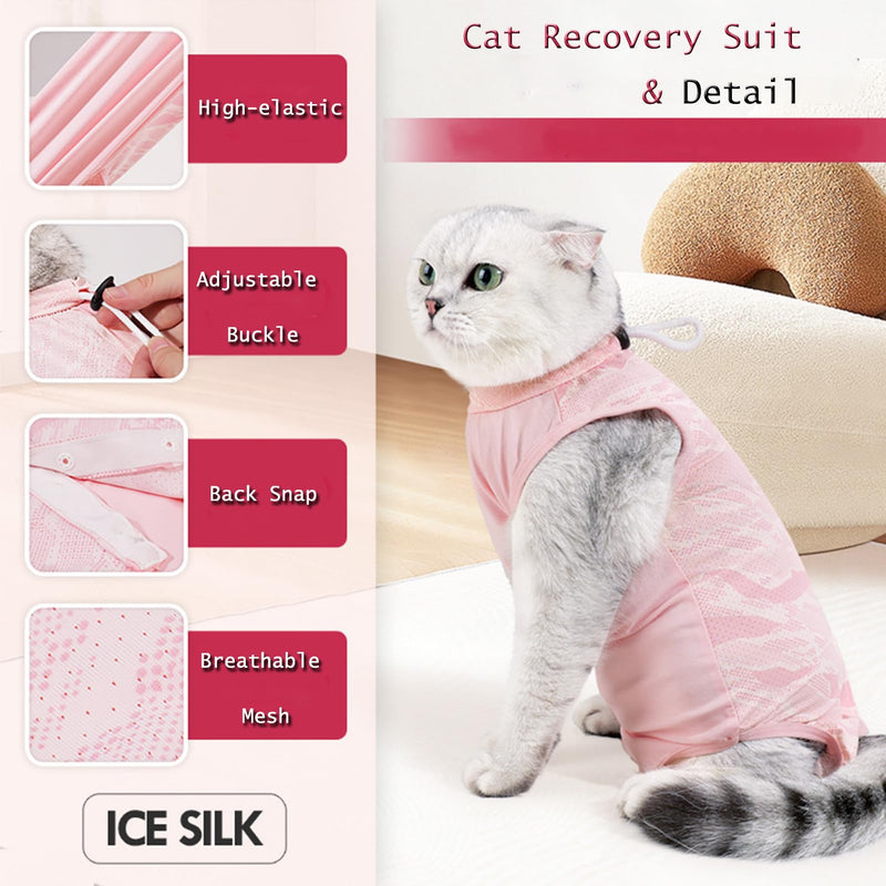 BAMY Cooling Cat Recovery Suit Adjustable Kitty Sterilization Costume Summer Pet Surgery Wear Weaning Clothes Anti-Licking (Pink, L) Pink