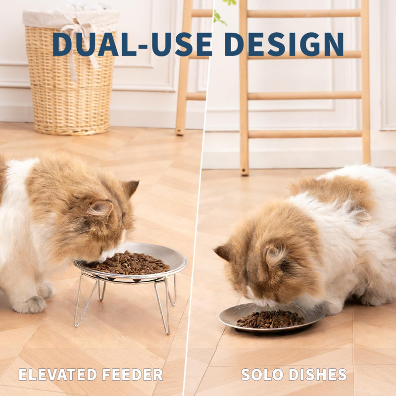 Elevated Cat Bowls, Separable Dishes for Solo Use, 304 Stainless Steel Raised Cats Plates for Wet Food, Extra Wide Shallow Design for Whisker Relief, Non-Slip Silicone Base Kitten Feeder, 2 Set Raised Bowls - 2 Set