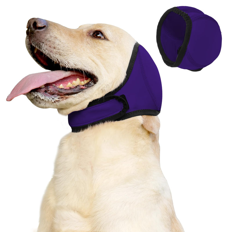 JOHNBOLIN Dog Ear Muffs & No Shake Ear Wrap for Hematoma, Bathing, Drying & Noise Anxiety Relief - Elastic Waterproof Ear Protector with Calming Hoodie Design for Grooming (Purple, L) Large(Head Circle:18"-24") Purple