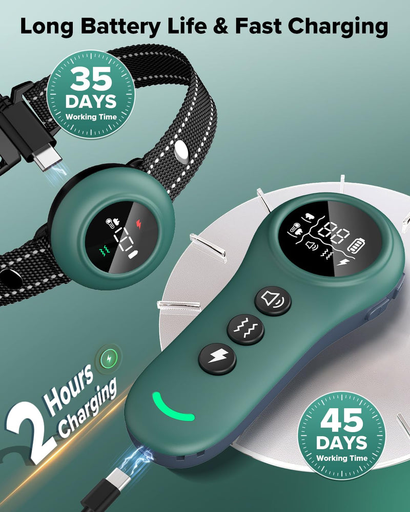 [New 2025] 2-in-1 Dog Shock Collar & Bark Collar – 3300FT Dog Training Collar with Remote, Automatic Anti-Barking, 5 Adjustable Sensitivity Levels, IP67 Waterproof E-Collar for Small Medium Large Dogs Green Calke - PawsPlanet Australia