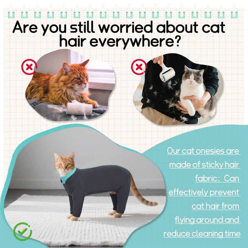 T'CHAQUE Sticky Hair Cat Onesie - Soft Long Sleeve Cat Pajamas, Anti-Shedding,Surgery Recovery Suit, Wound Protection & Preventing Licking, Kitten Sweaters for Male Female, Blue-M Medium DarkGray