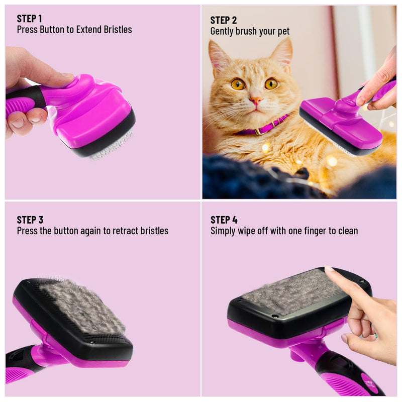 Self Cleaning Slicker Brush for Cat and Dog Coat - Detangler Dog Brush for Shedding & Grooming - Super Easy to Clean Deshedding Grooming Tool Removes Loose Pet Hair, Mats and Tangles (Pink) Pink