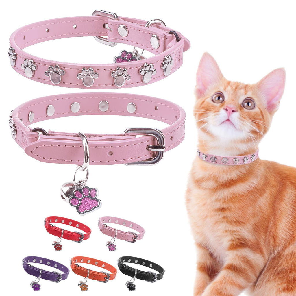 SCENEREAL Cat Collar with Bells, Leather Cat Collars with Paw Studded, Adjustable Pet Collars for Boy Girl Cats,Soft Cute Cat Collar for Kitty Puppy Small Big Cats, Pink