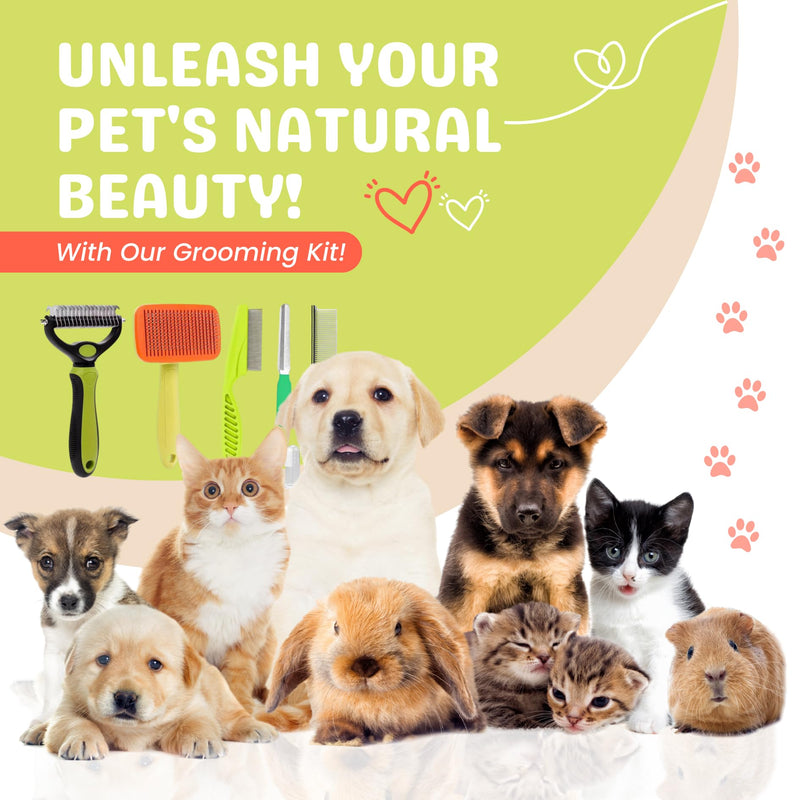 9Pcs Dog Grooming Kit - Self Cleaning Slicker Brush, Flea Comb, Nail Trimmer & Bath Brush - Pet Grooming Tools for Shedding, Trimming & Oral Care - For Dogs & Cats - Green