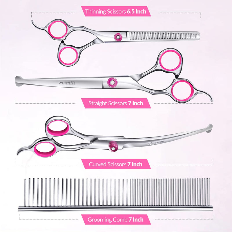 Gimars Dog Grooming Scissors Kit Professional 4CR with Safety Round Tip, 5 in 1 Heavy Duty Titanium Coated Thinning & Curved & Straight Shears Pink [5-in-1]