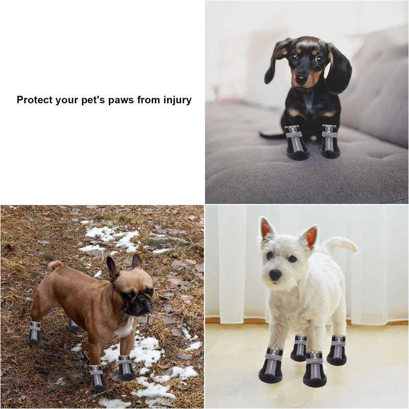 Dog Shoes for Small Dogs, Puppy Dog Boots & Paw Protector for Winter Snow Day, Summer Hot Pavement, Waterproof in Rain Weather, Ourdoor Hiking, Indoor Hardfloors with Anti Slip Sole 4PCS/Set Black-Grey #2 (width 1.29 inch) for 6.5-10 lbs