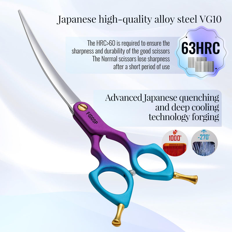 Professional Curved Dog Grooming Scissors with Sharper Self Grinding lightweight and finely trimmed split structure 6.5'' Japan VG10 63HRC for small dogs cat pet(Purple&Blue) 6.5 in,VG10 Purple & Blue - PawsPlanet Australia