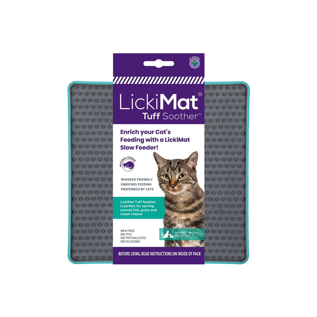 LickiMat Tuff Cat, Heavy-Duty Soother, Cat Slow Feeder Lick Mat, Boredom anxiety reducer; for food, treats, yogurt, or peanut butter. Fun Alternative to a Slow Feed Cat Bowl or Dish, Turquoise