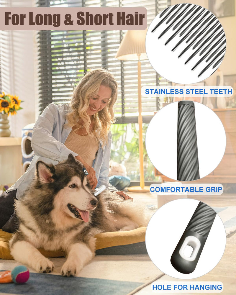 2 PCS Pet Comb with Long & Short Stainless Steel Teeth,Flea and Tick Comb for Dogs & Cats,Pet Grooming Brush for Short&Long Hair,2 different shapes with Rubber Handle - PawsPlanet Australia