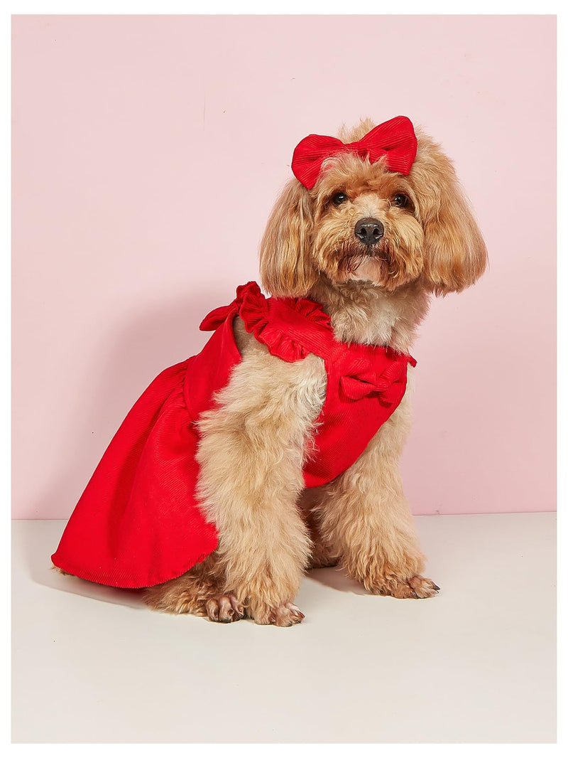 GORGLITTER Bow Dog Dress Ruffle Trim Princess Dress Pet Clothes with Bow Clip Red Large - PawsPlanet Australia