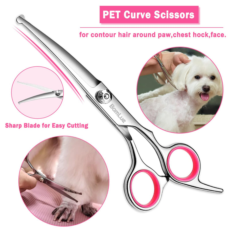 Bamlue 6 in 1 Professional Stainless Steel 4CR Safety Round Tip Dog Grooming Scissors, Anti-Rust Shears Cat Grooming Scissors Pet Kit, Thinning Straight Comb for Long Short Hair-Pink Pink - PawsPlanet Australia