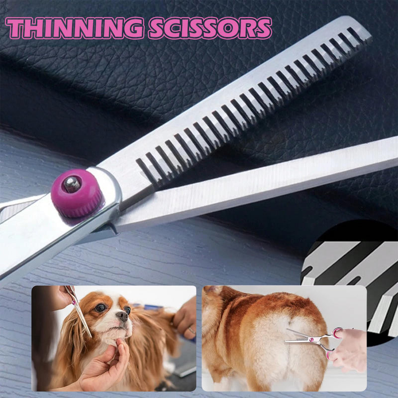 Professional Dog Grooming Kit - Stainless Steel 5-Piece Set With Safety Round Tips, Straight and Curved Shears, Thinning Shear and Comb for Dog Cat Pet Hair Care at Home - PawsPlanet Australia