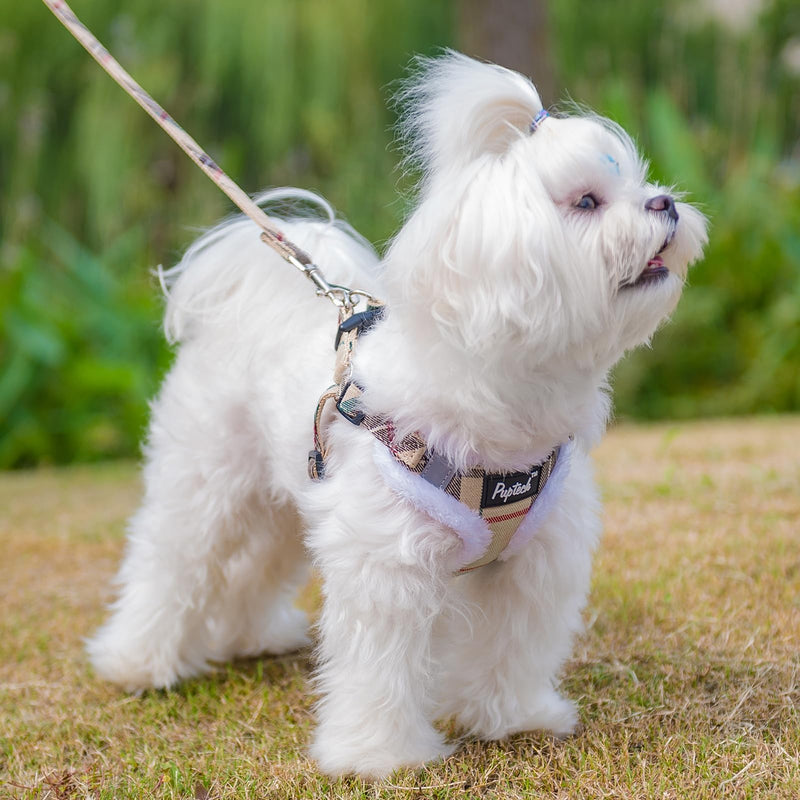 PUPTECK Dog Harness and Leash Set Small Sized, Step in No Pull Adjustable Puppy Cat Harness Reflective Pet Vest S (13-17lbs, Chest 15"-18") #3 Beige(Plush Plaid) - PawsPlanet Australia