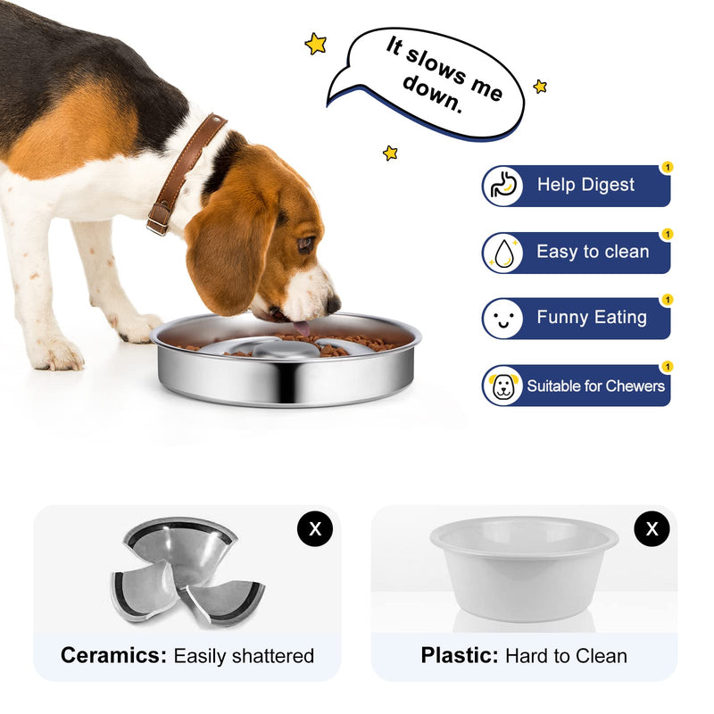 Slow Feeder Dog Bowl Stainless Steel, 2 Cups Metal Non-Slip Dog Food Bowls, Dog Water Bowl for Small & Medium Sized Dogs, Fun Bloat Stop Pet Bowl for Fast Eaters, Slows Down Pets Eating Non-Slip Bottom 2 Cups/ 1.6" Deep (Max 4Cups)