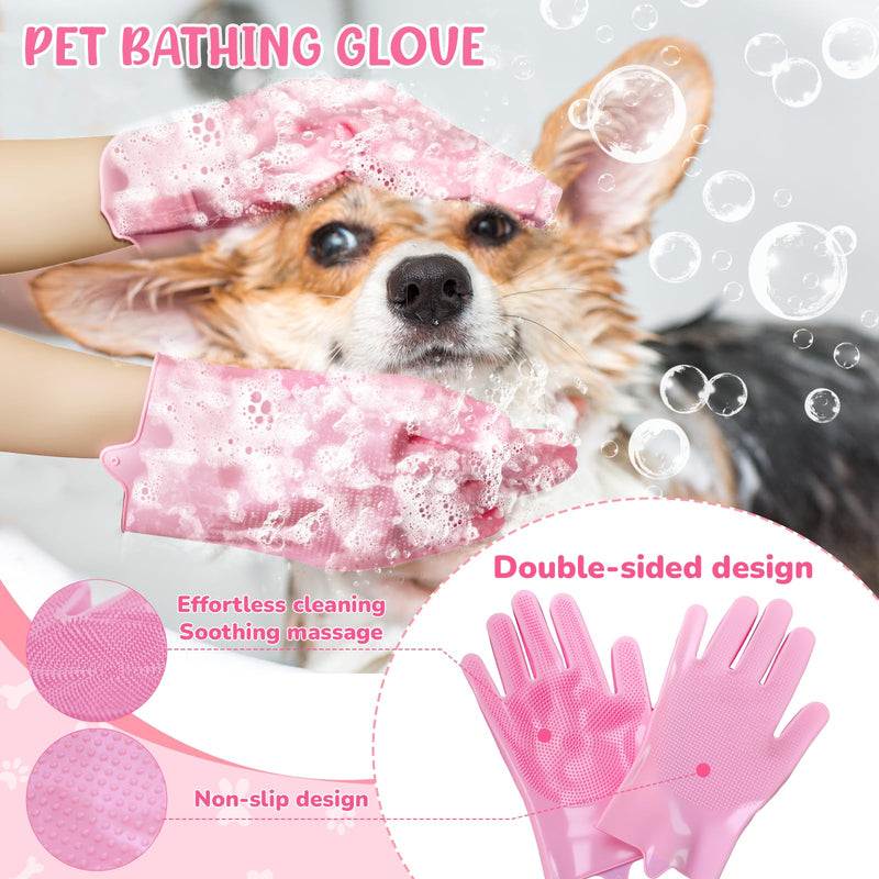 Dog Grooming Kit for Shedding – 8-Piece Pet Grooming Supplies with Deshedding Brush, Bath Gloves, Towels & Silicone Toothbrush | Ideal for Dogs, Cats, Small and Large Pets (Pink) 8 PACK Pink