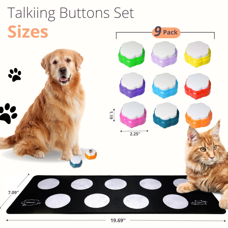 Dog Buttons for Communication, 9pcs Recordable Talking Buttons Set with Mat & Stickers, Pet Training Buttons for Dogs & Cats, Speaking Buttons - PawsPlanet Australia